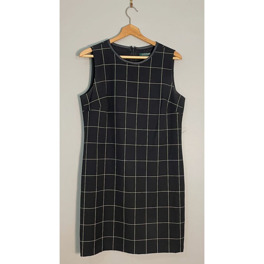 Lauren Ralph Lauren Black Windowpane Sheath Dress Size 10 Leather Trim Career